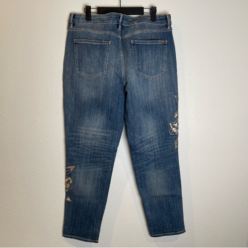 White House Black Market Mid Rise Girlfriend Jeans Gold Floral Embroidered Sz 12 - Picture 4 of 6